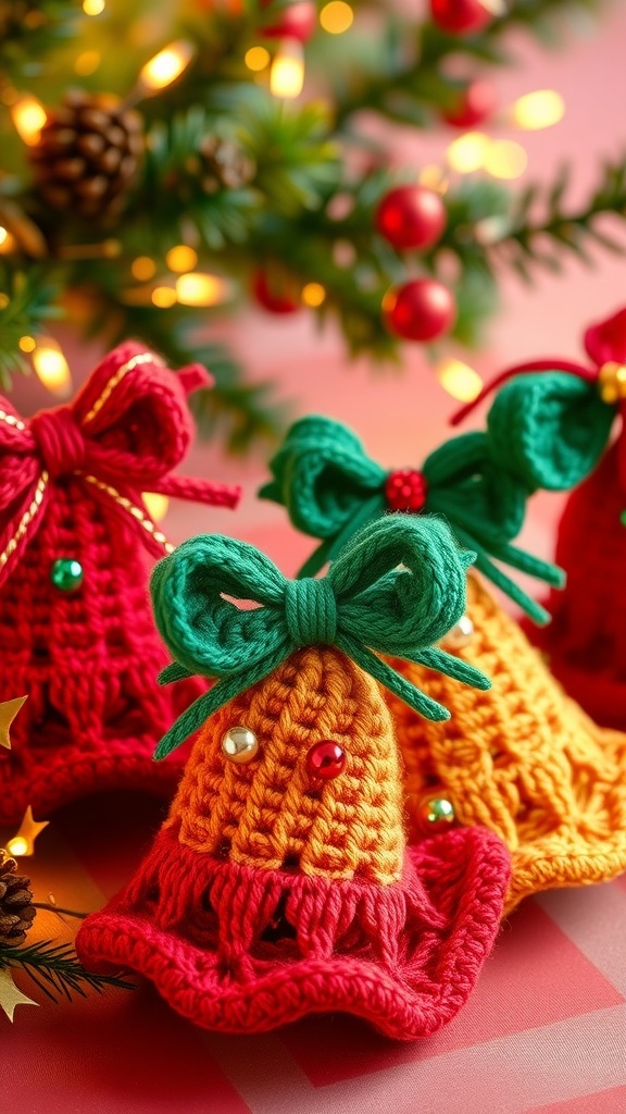 Crochet Christmas Bells Decoration Pattern Crocheted Christmas bells in red, green, and gold with ribbons and beads on a festive background.